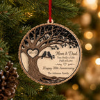 Personalized anniversary family tree wooden ornament for Mom and Dad hanging on a Christmas tree