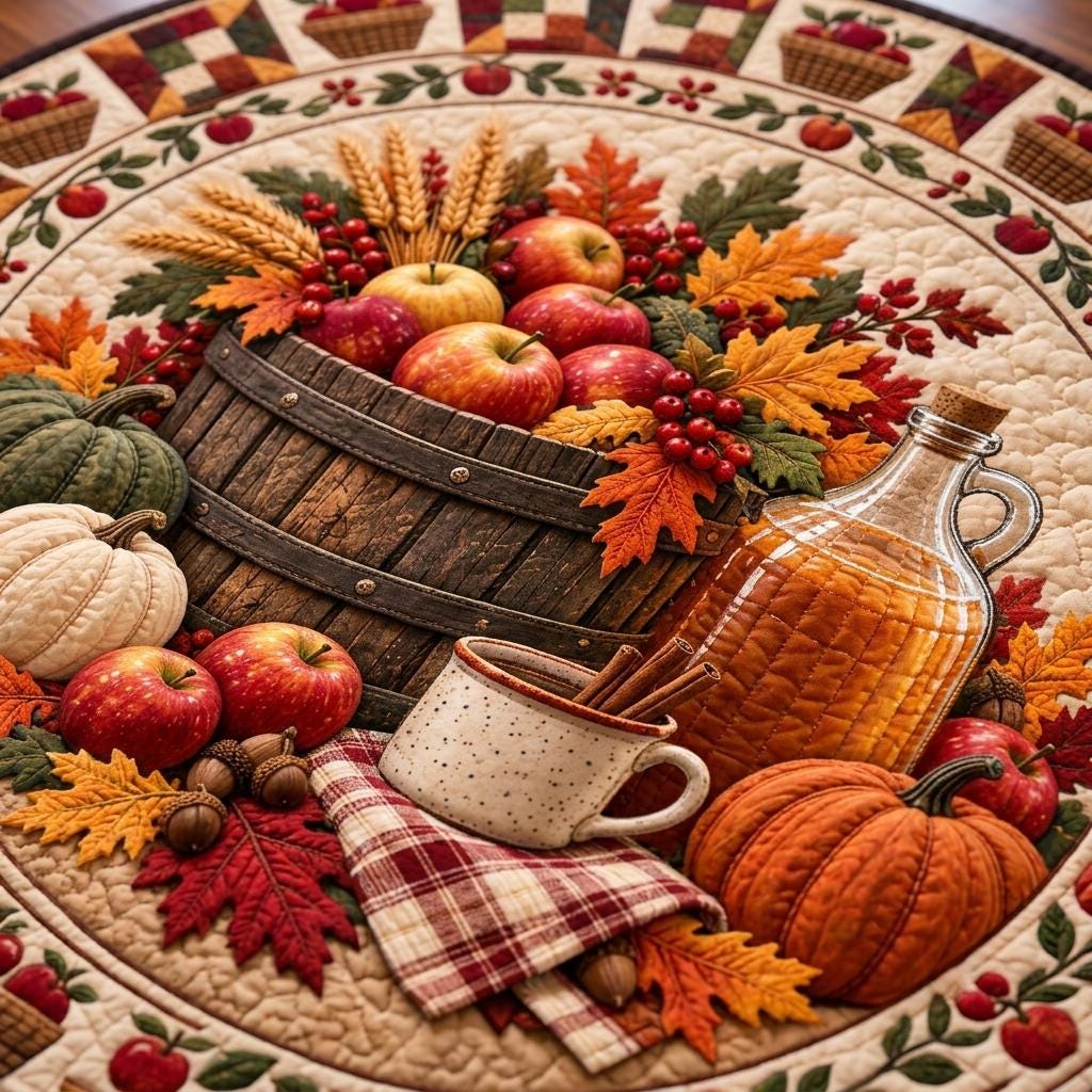 Close-up of a bushel of red apples, a cider jug, cinnamon mug and plaid napkin on the quilted fall rug