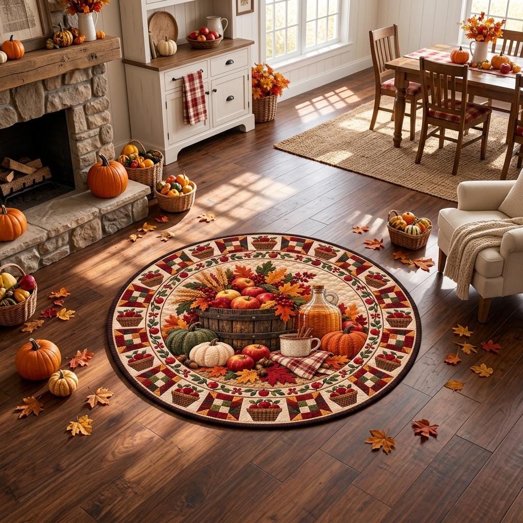 Apple harvest cider rug in a sunny dining room with a stone fireplace, pumpkins and scattered fall leaves