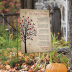 As I Sit In Heaven cardinal tree poem memorial garden flag with name among autumn leaves with a pumpkin