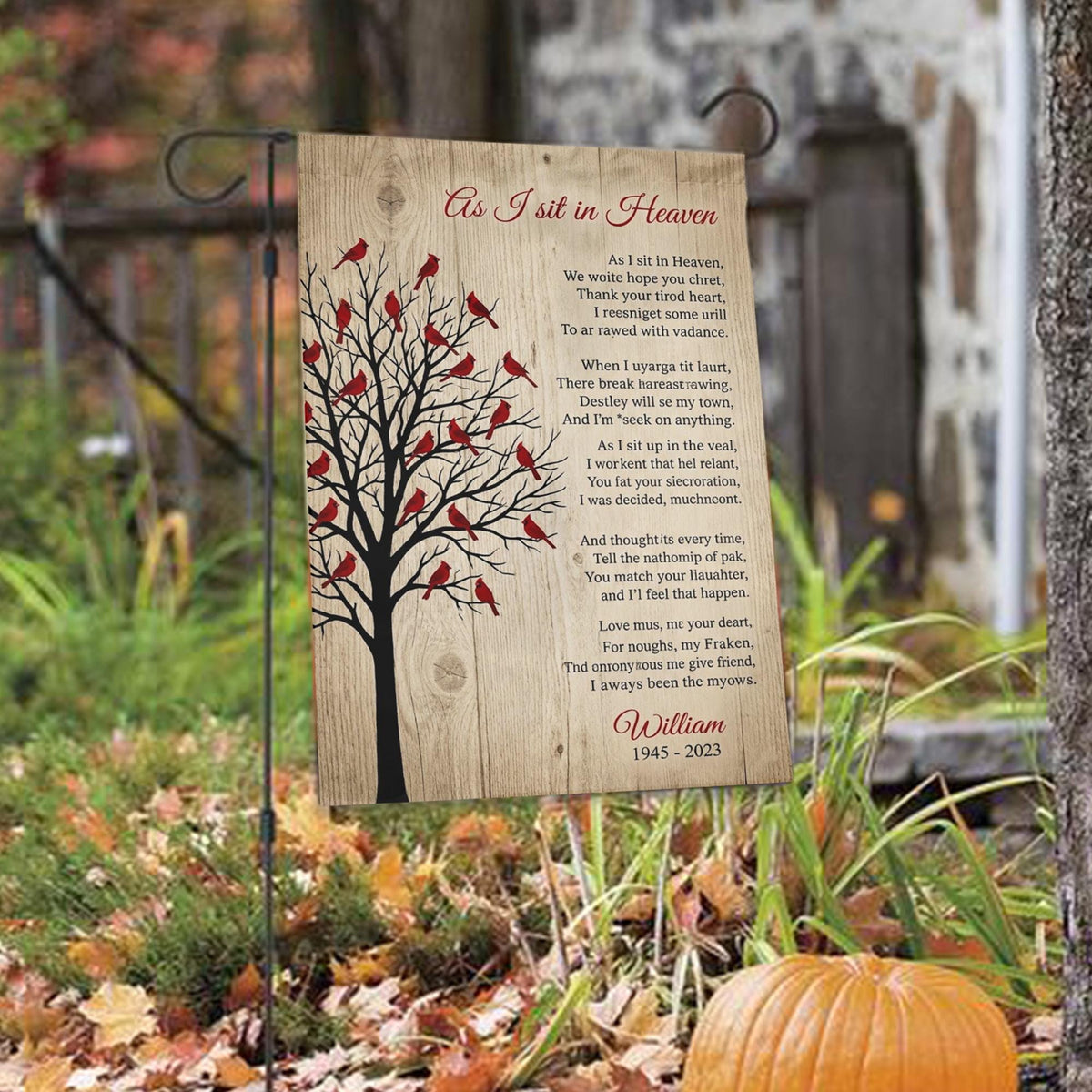As I Sit In Heaven cardinal tree poem memorial garden flag with name among autumn leaves with a pumpkin