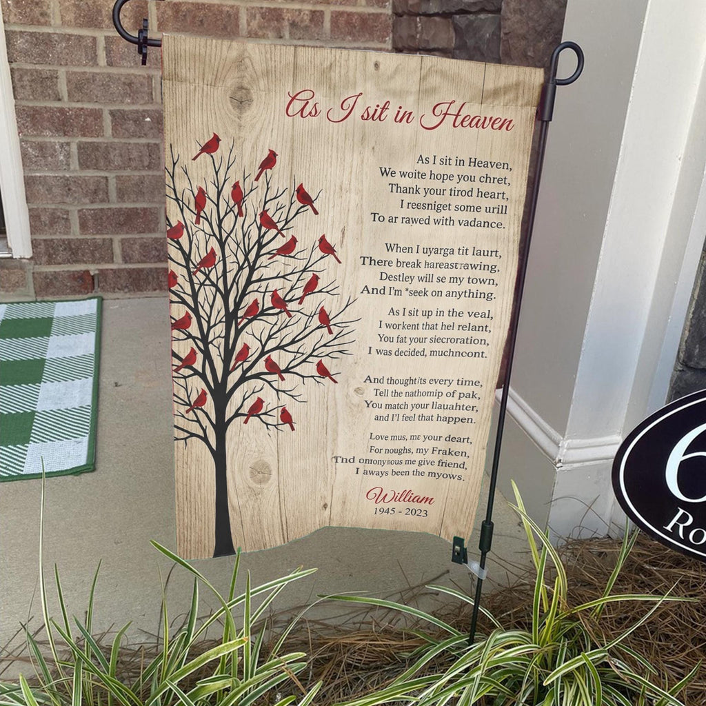 As I Sit In Heaven cardinal tree poem memorial garden flag with name on a stand by a brick front porch