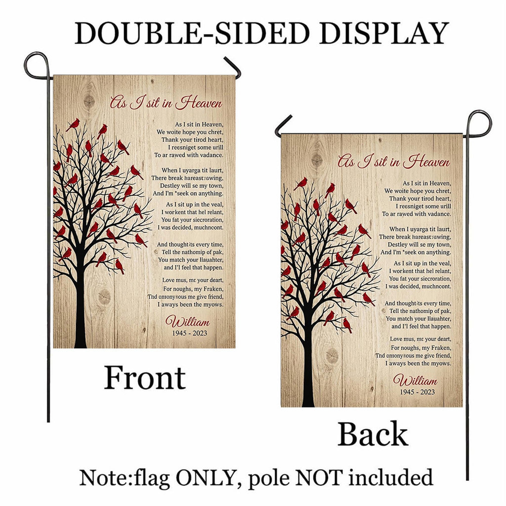 As I Sit In Heaven cardinal tree poem memorial garden flag with name shown front and back to display the double-sided print, flag only