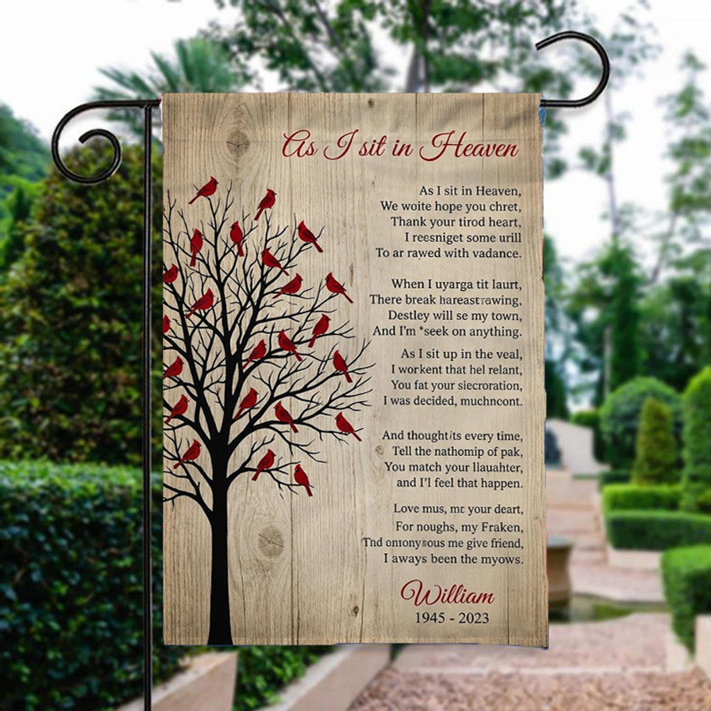 As I Sit In Heaven cardinal tree poem memorial garden flag with name beside a stone garden path
