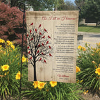 As I Sit In Heaven cardinal tree poem memorial garden flag with name in a garden bed with yellow lilies