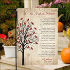 As I Sit In Heaven cardinal tree poem memorial garden flag with name on porch steps with pumpkins and flowers