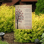 As I Sit In Heaven cardinal tree poem memorial garden flag with name in front of bright yellow shrubs