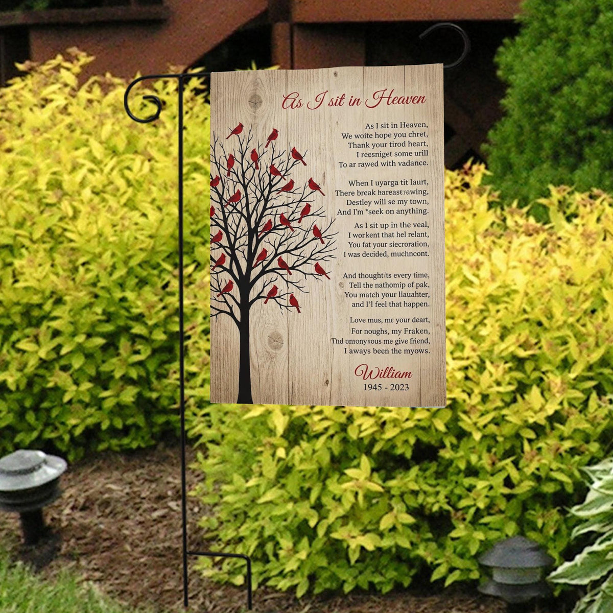 As I Sit In Heaven cardinal tree poem memorial garden flag with name in front of bright yellow shrubs