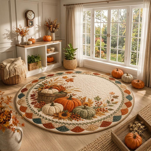 Autumn harvest round rug with orange, cream and sage pumpkins in a bright farmhouse room with tall windows