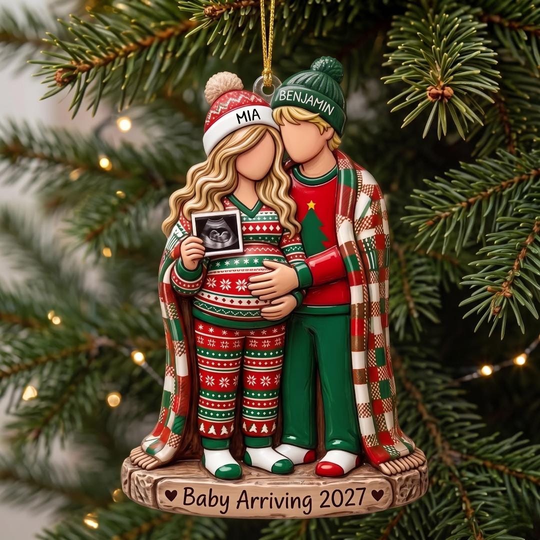 Close-up of the Baby Arriving expecting parents ornament with an ultrasound photo