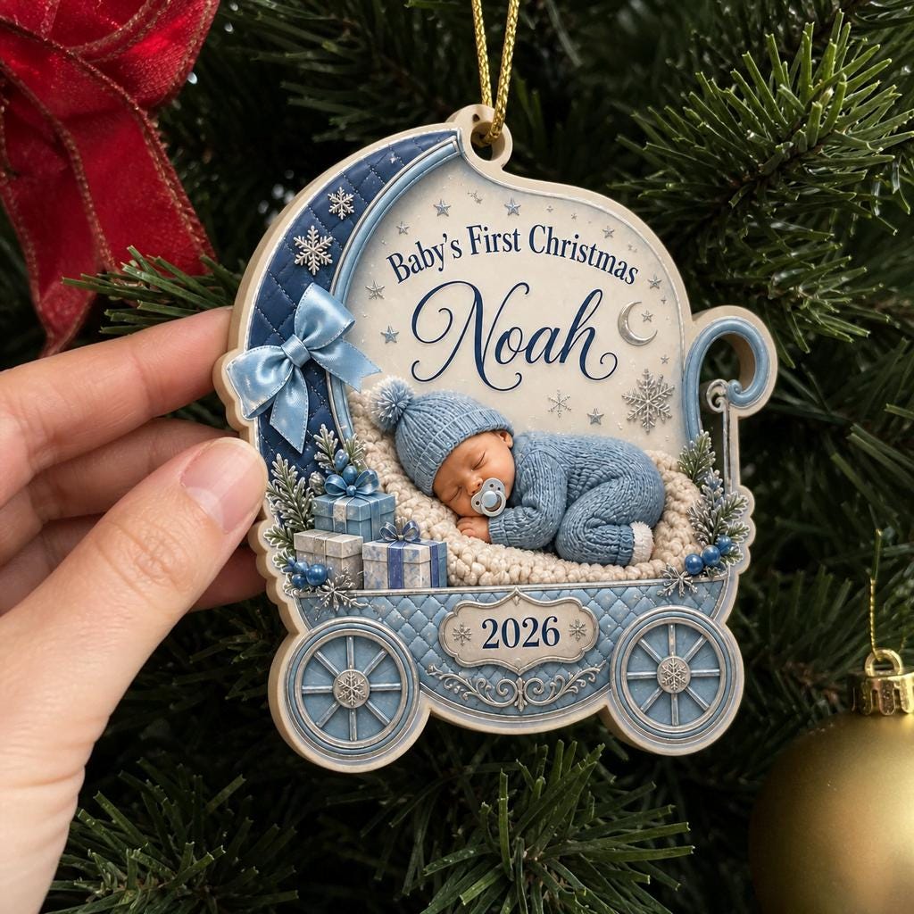 Close-up of a blue pram wooden ornament with sleeping baby boy and 2026