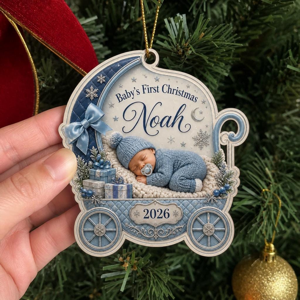 Blue pram baby boy first Christmas ornament personalized with name Noah