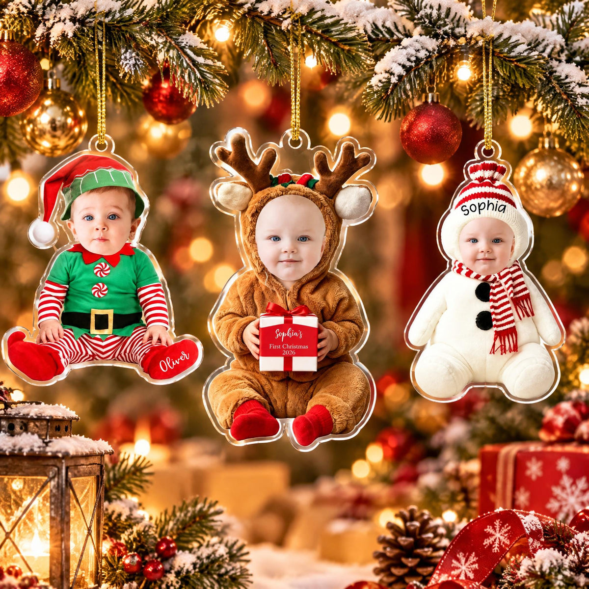 Elf, reindeer and snowman baby photo ornaments with names