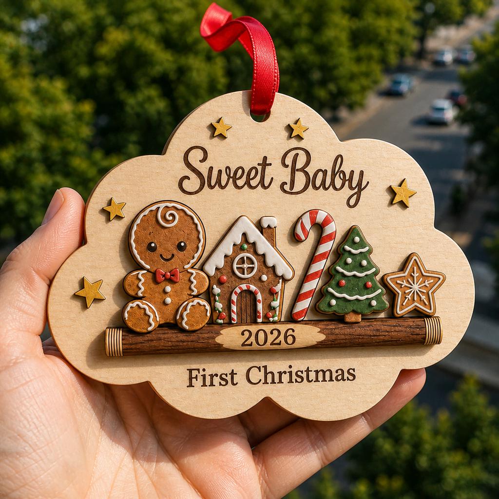 Hand holding a personalized baby first Christmas gingerbread cloud ornament with year