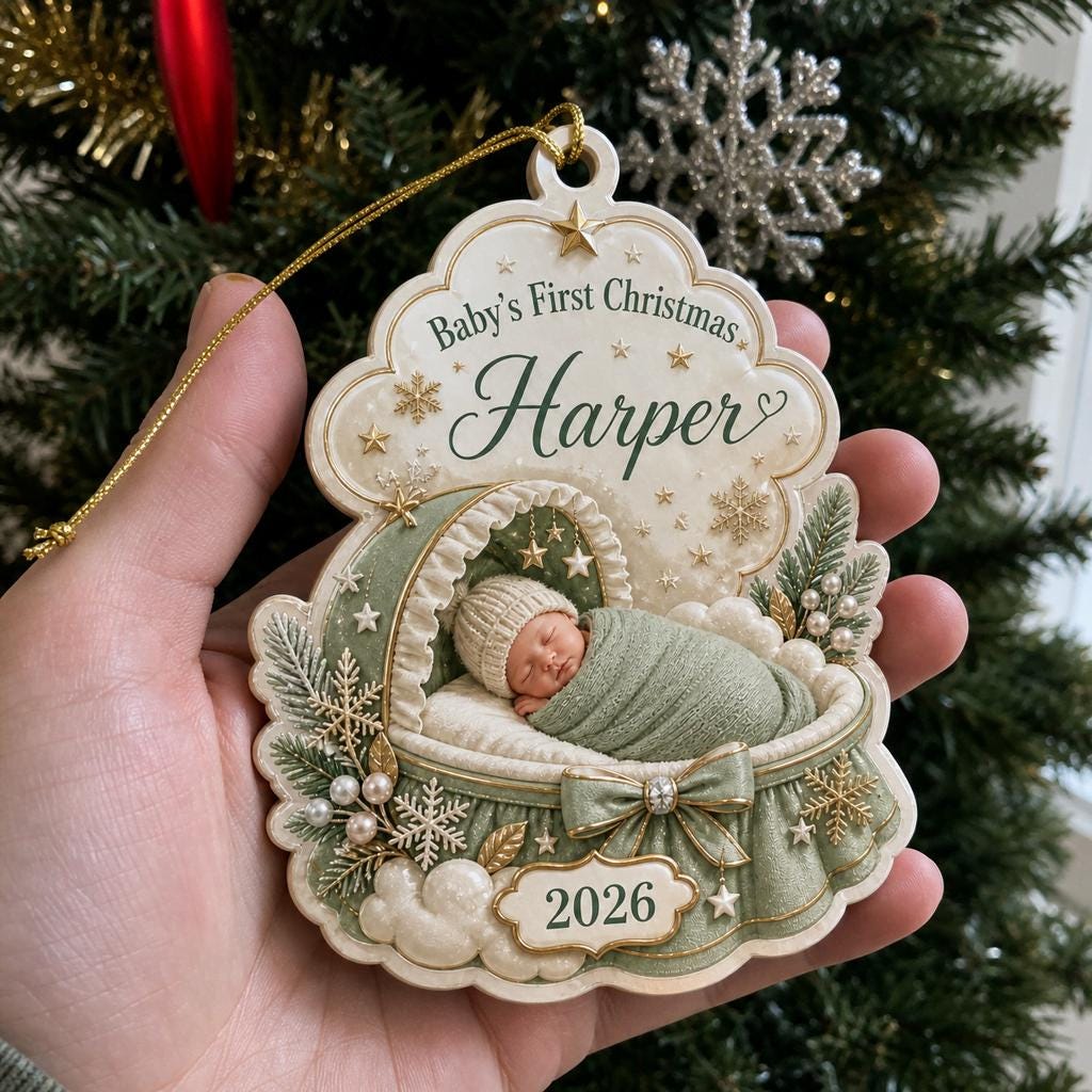 Hand holding a personalized baby first Christmas green bassinet wooden ornament