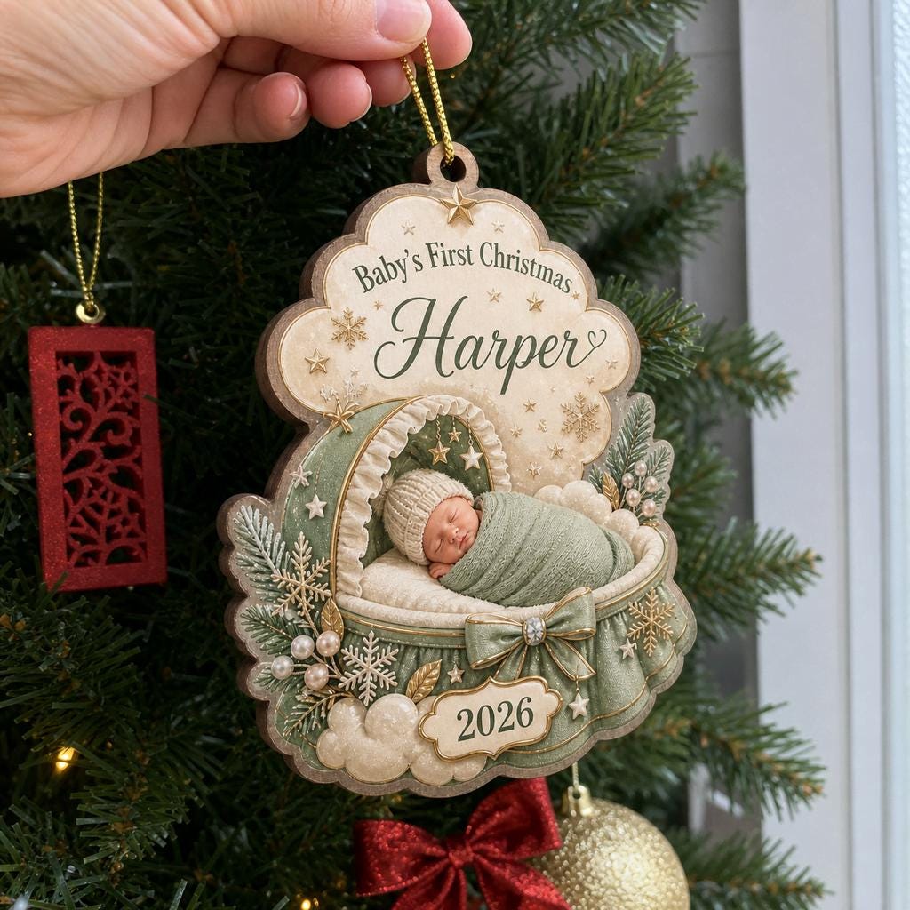 Sage green bassinet baby first Christmas ornament personalized with name on a tree
