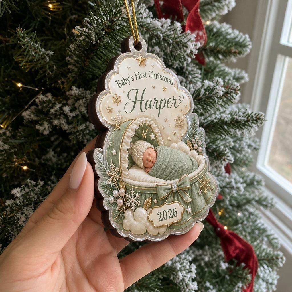 Side view of a green bassinet wooden ornament with sleeping baby and name Harper