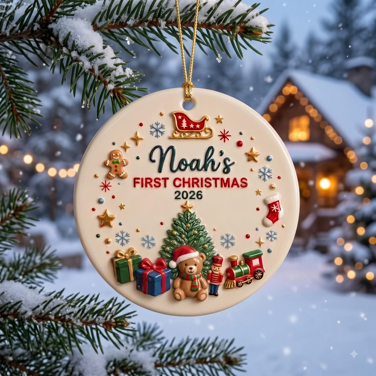 Baby's first Christmas ornament on a snowy branch in front of a lit cabin
