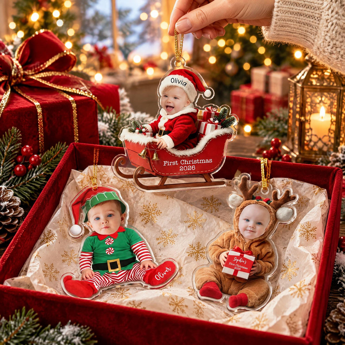 Personalized baby photo ornaments in a gift box: sleigh, elf and reindeer designs