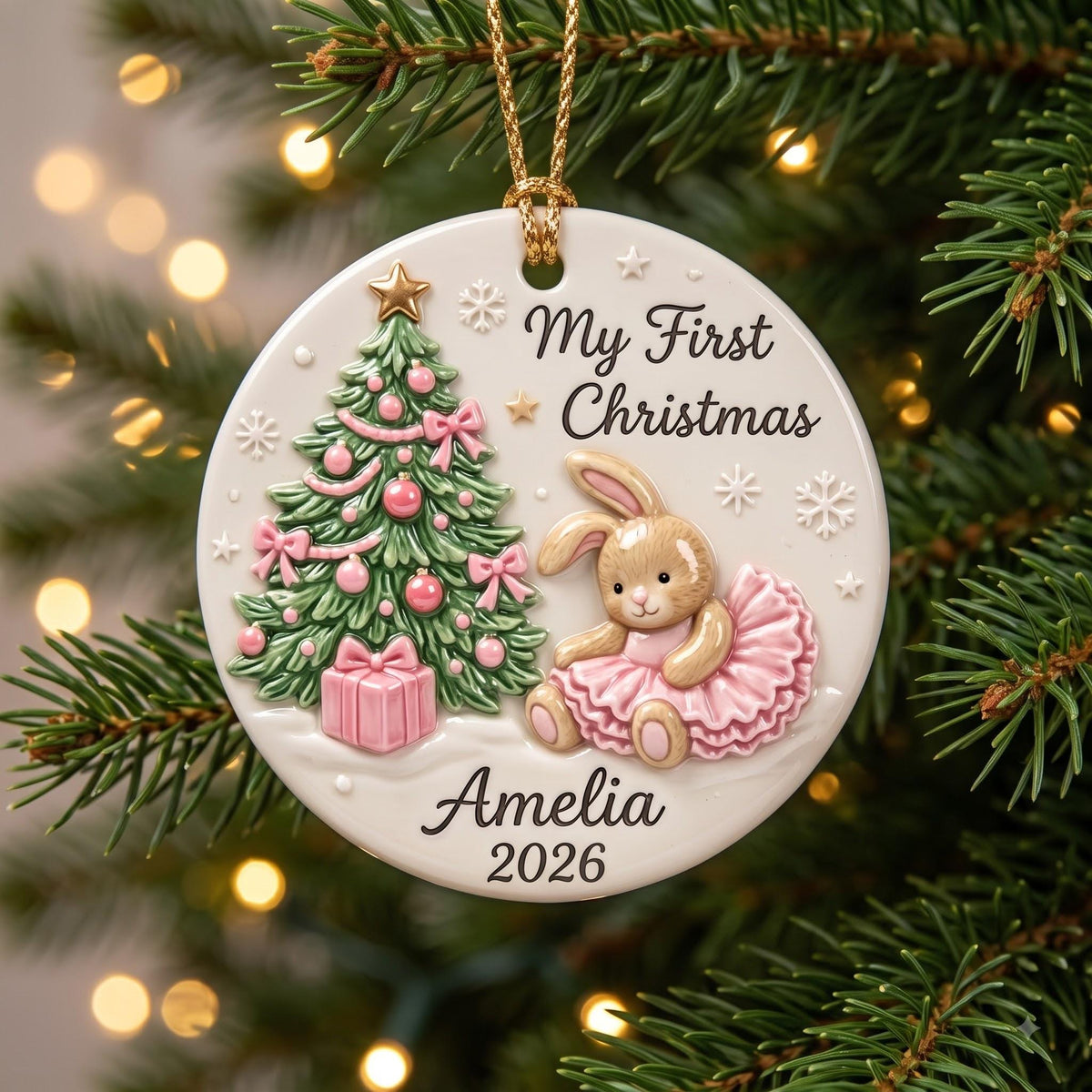 Personalized baby girl's first Christmas 3D ornament with a bunny in a pink tutu and Amelia 2026