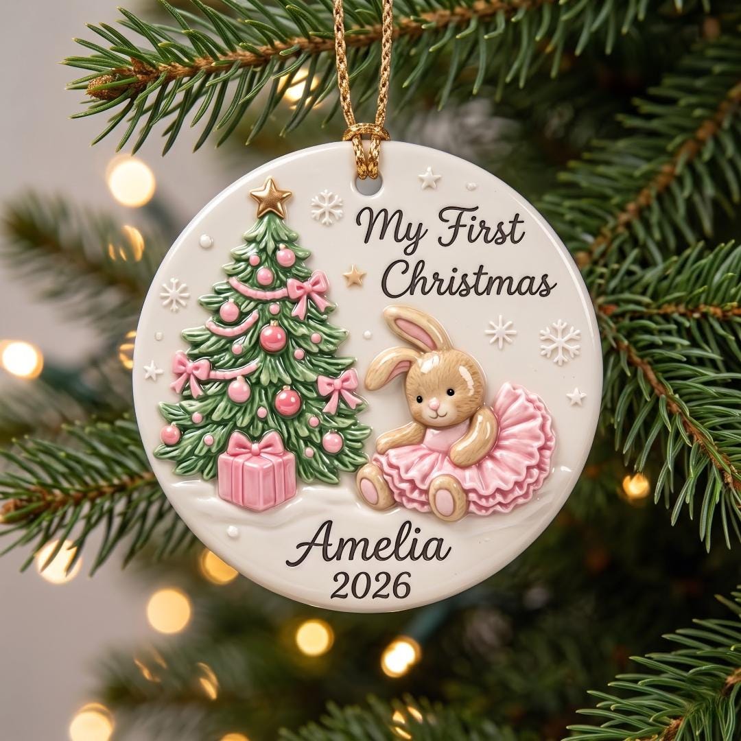 Baby girl name ornament with a pastel pink Christmas tree and bows