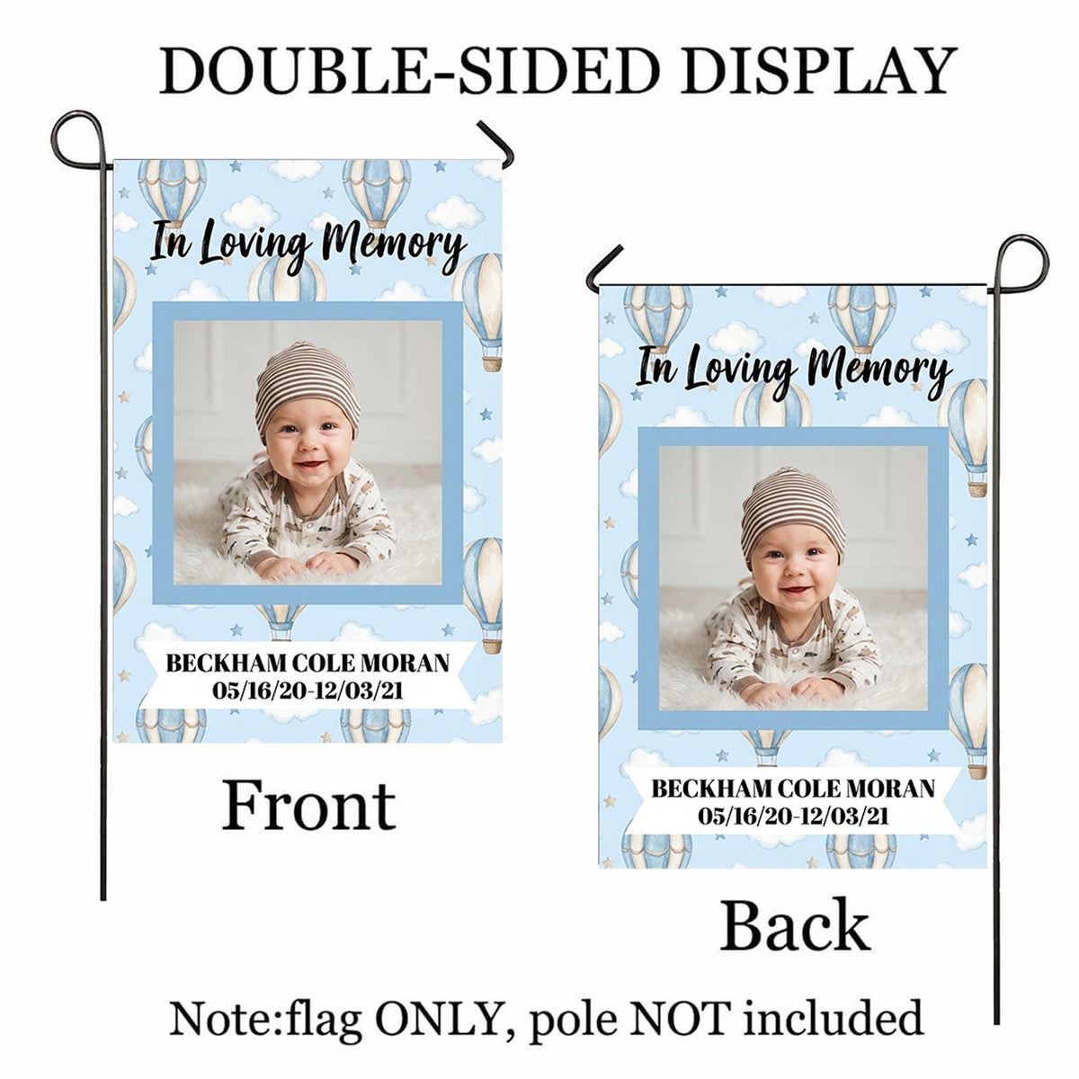 Baby In Loving Memory hot air balloon photo memorial garden flag shown front and back to display the double-sided print, flag only