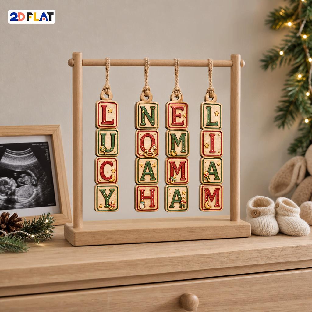 Baby name letter block wooden ornaments hanging on a wooden stand in a nursery