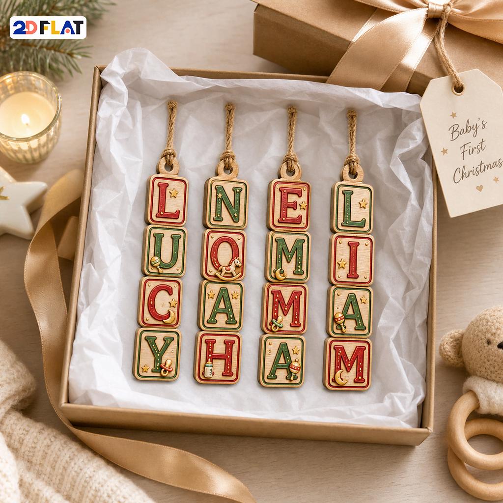 Vintage letter block baby name ornaments in a gift box with Baby's First Christmas tag