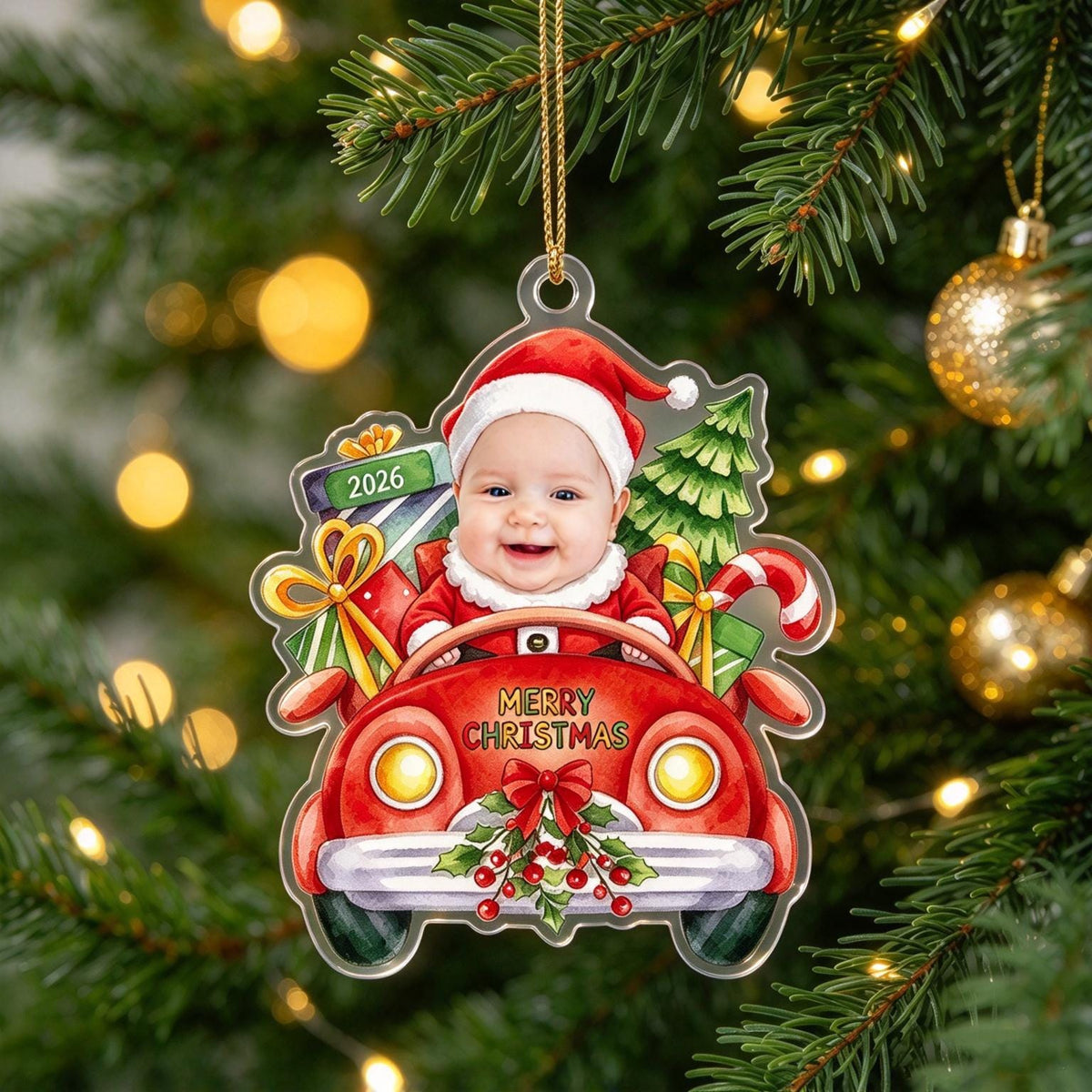 Baby in a red Merry Christmas car photo ornament