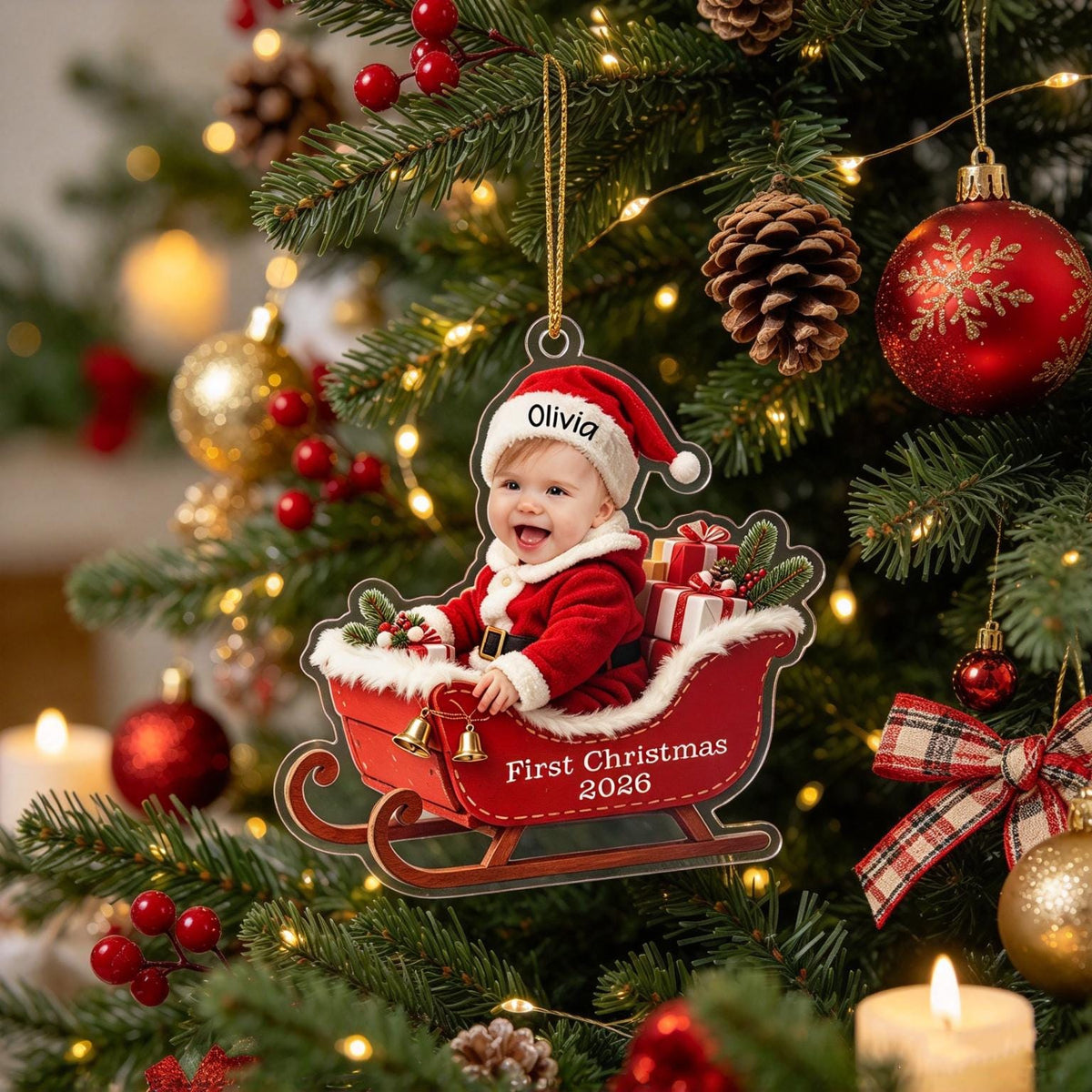 Baby in Santa's sleigh First Christmas 2026 photo ornament