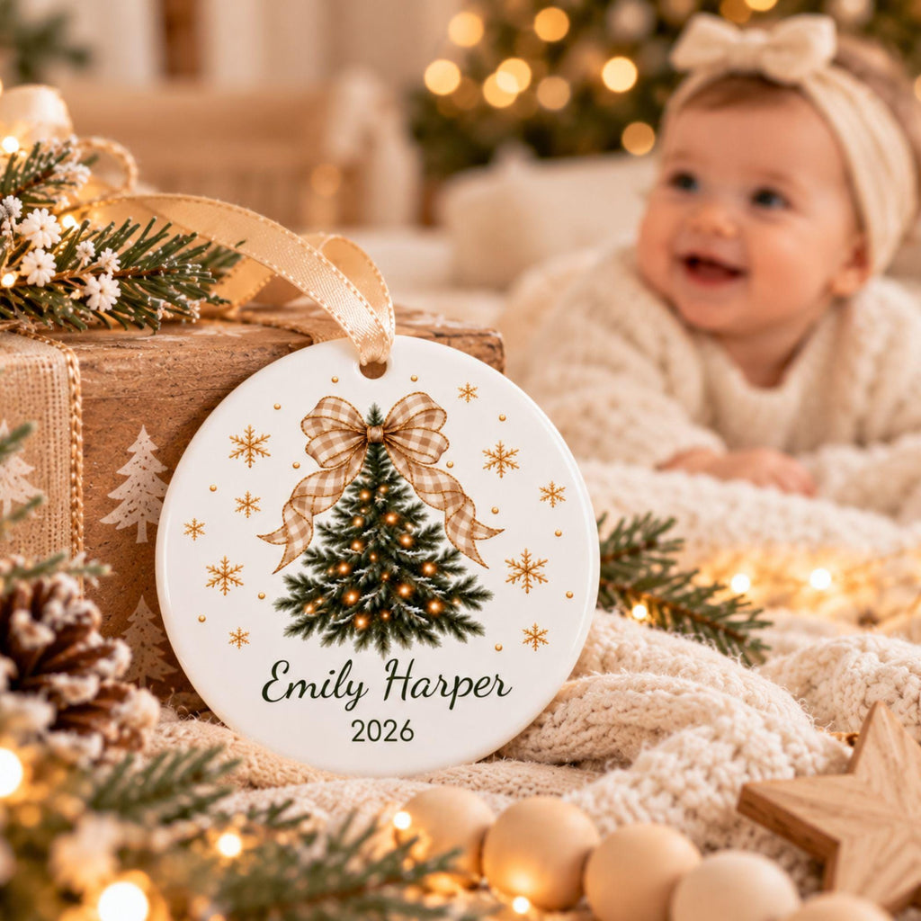 Gingham bow tree ornament with a smiling baby in the background