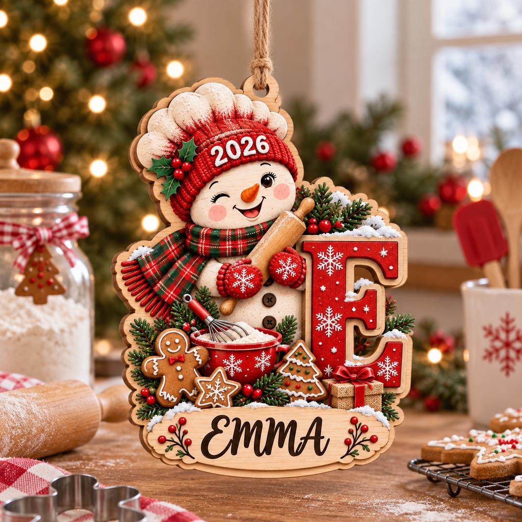 Personalized baking snowman initial ornament with name on a kitchen counter
