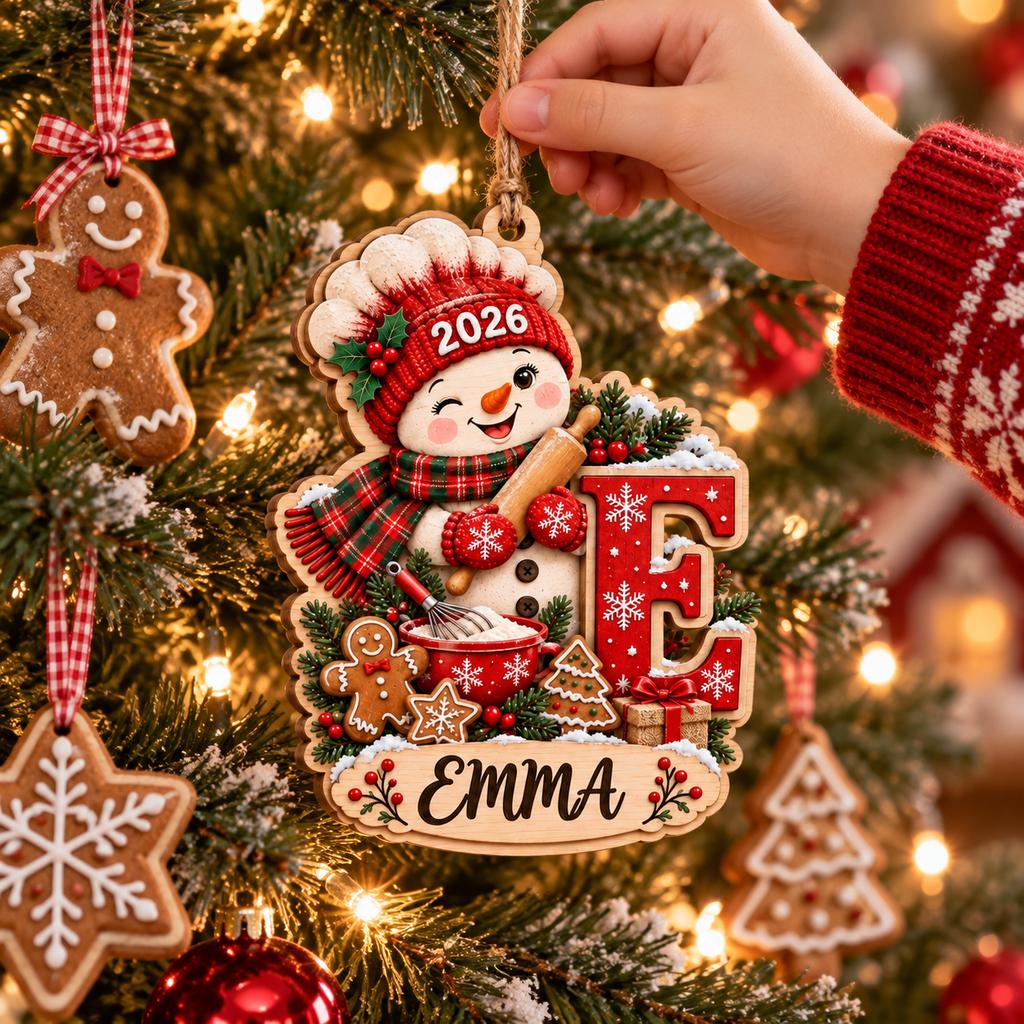 Hand hanging a baking snowman initial wooden ornament on a Christmas tree