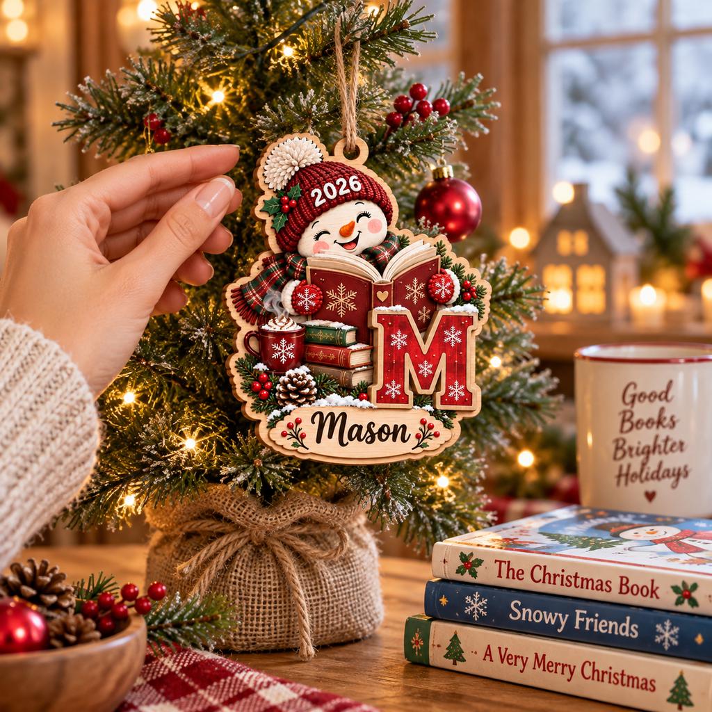 Hand hanging a reading snowman initial ornament with books on a small tree