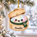 Personalized rainbow bao dumpling in a green scarf inside a bamboo steamer wooden ornament