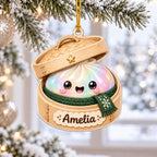 Personalized rainbow bao dumpling in a green scarf inside a bamboo steamer wooden ornament