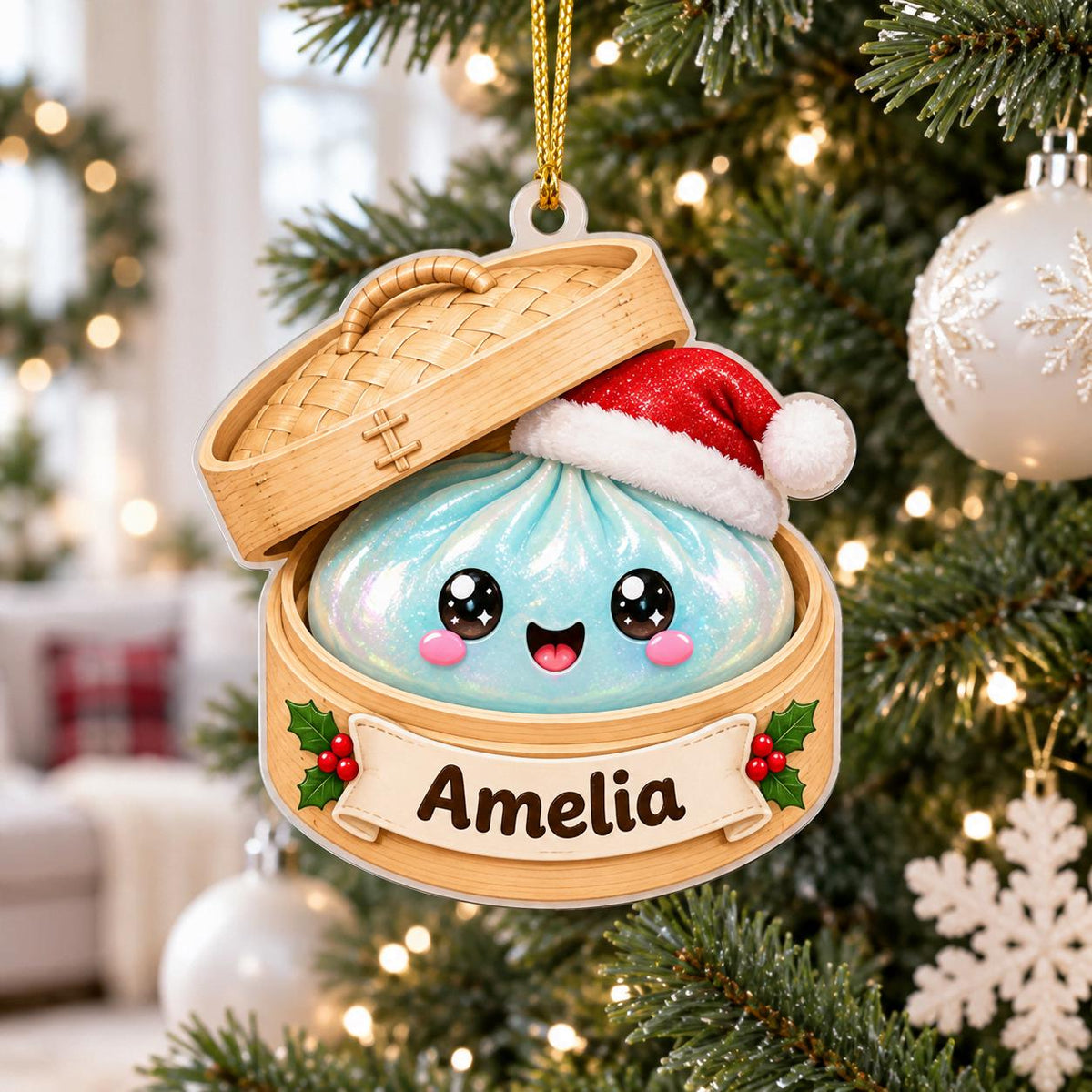 Blue bao dumpling in a Santa hat steamer wooden ornament hanging on a Christmas tree