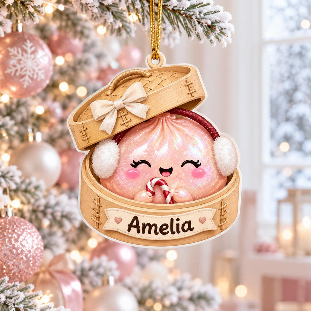 Pink bao dumpling with earmuffs and candy cane in a bamboo steamer wooden ornament