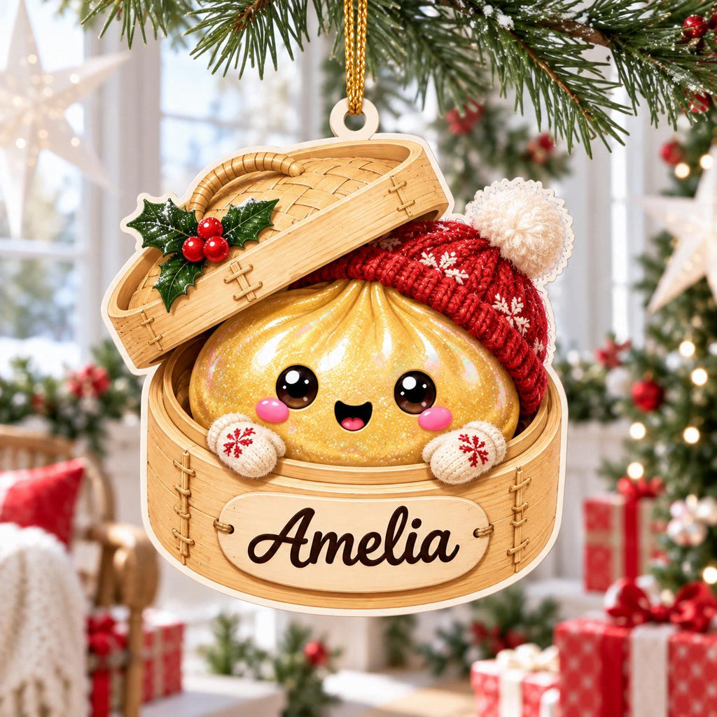 Yellow bao dumpling in a red knit hat in a bamboo steamer wooden ornament