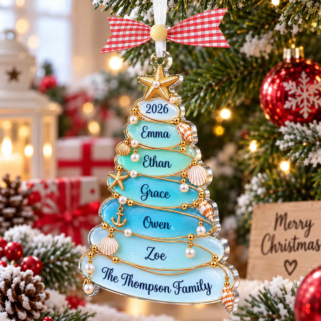 Sea glass tree ornament with The Thompson Family on a tree