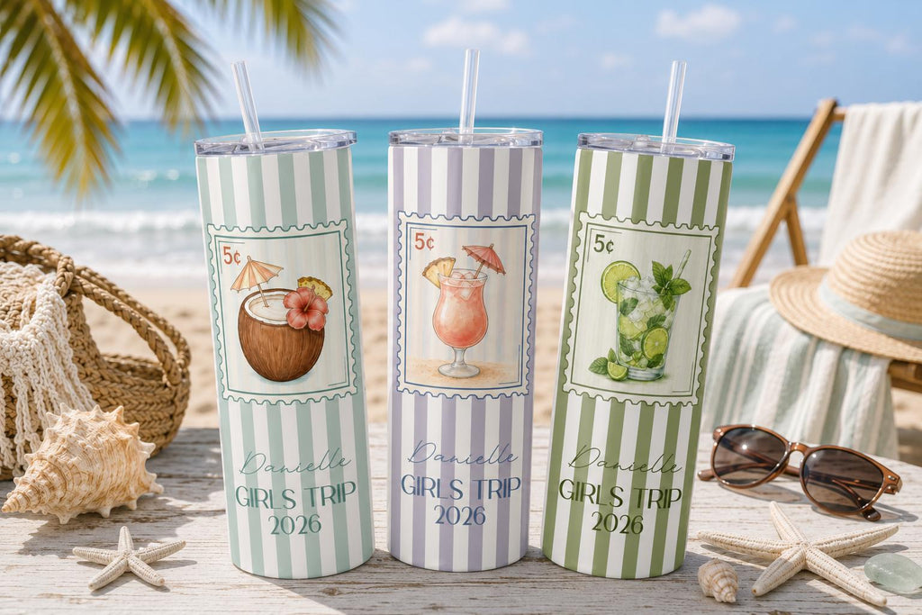 Striped beach tumblers with coconut drink, tequila sunrise and mojito designs for a girls trip