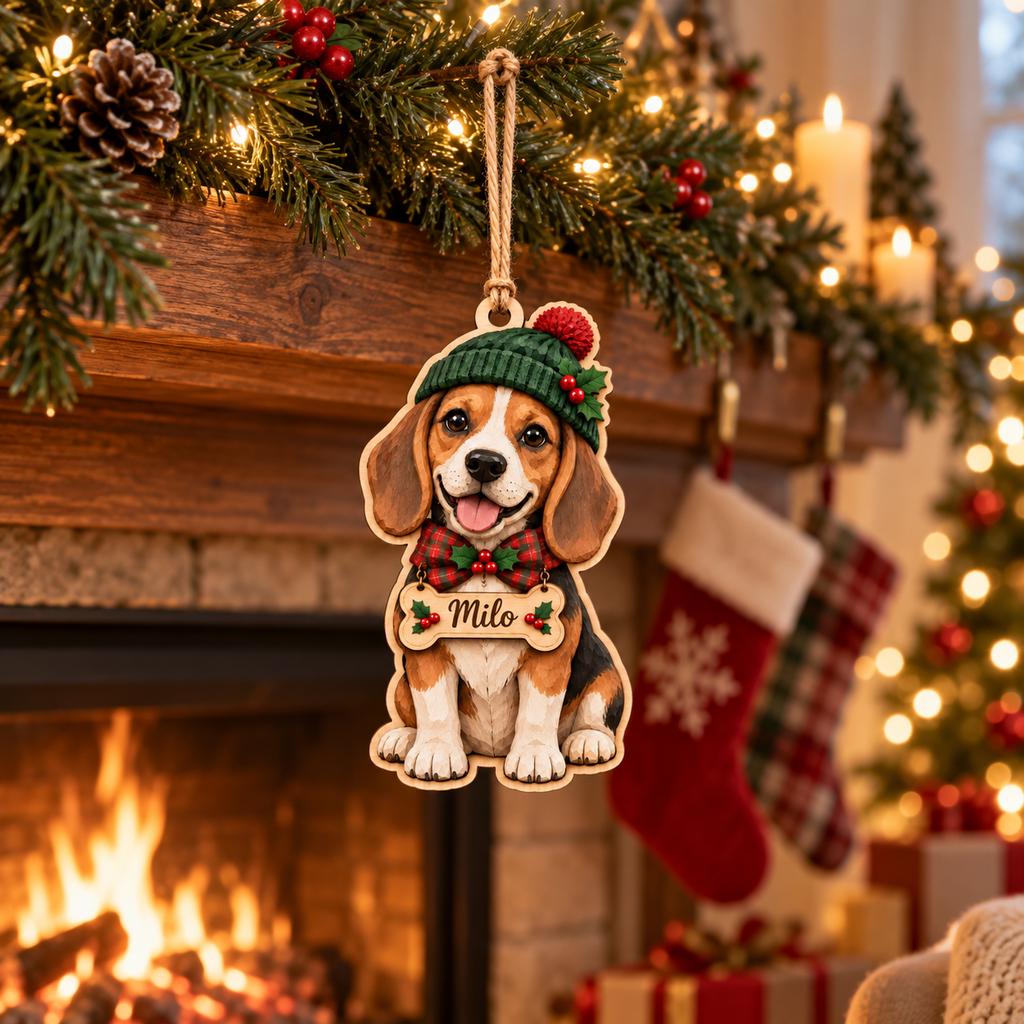 Beagle dog name wooden ornament hanging from a mantel above a cozy fireplace