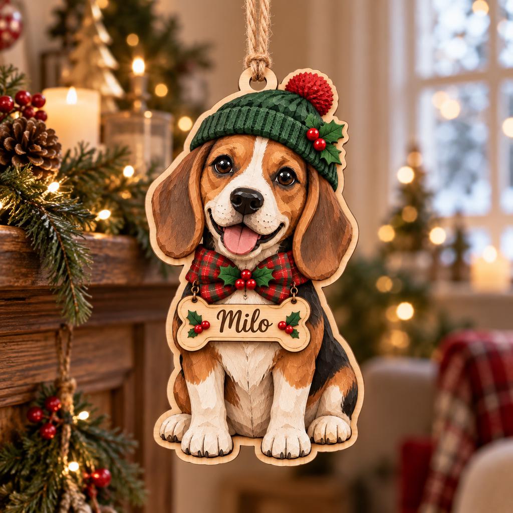 Custom beagle dog wooden ornament with bone name tag hanging from a garland
