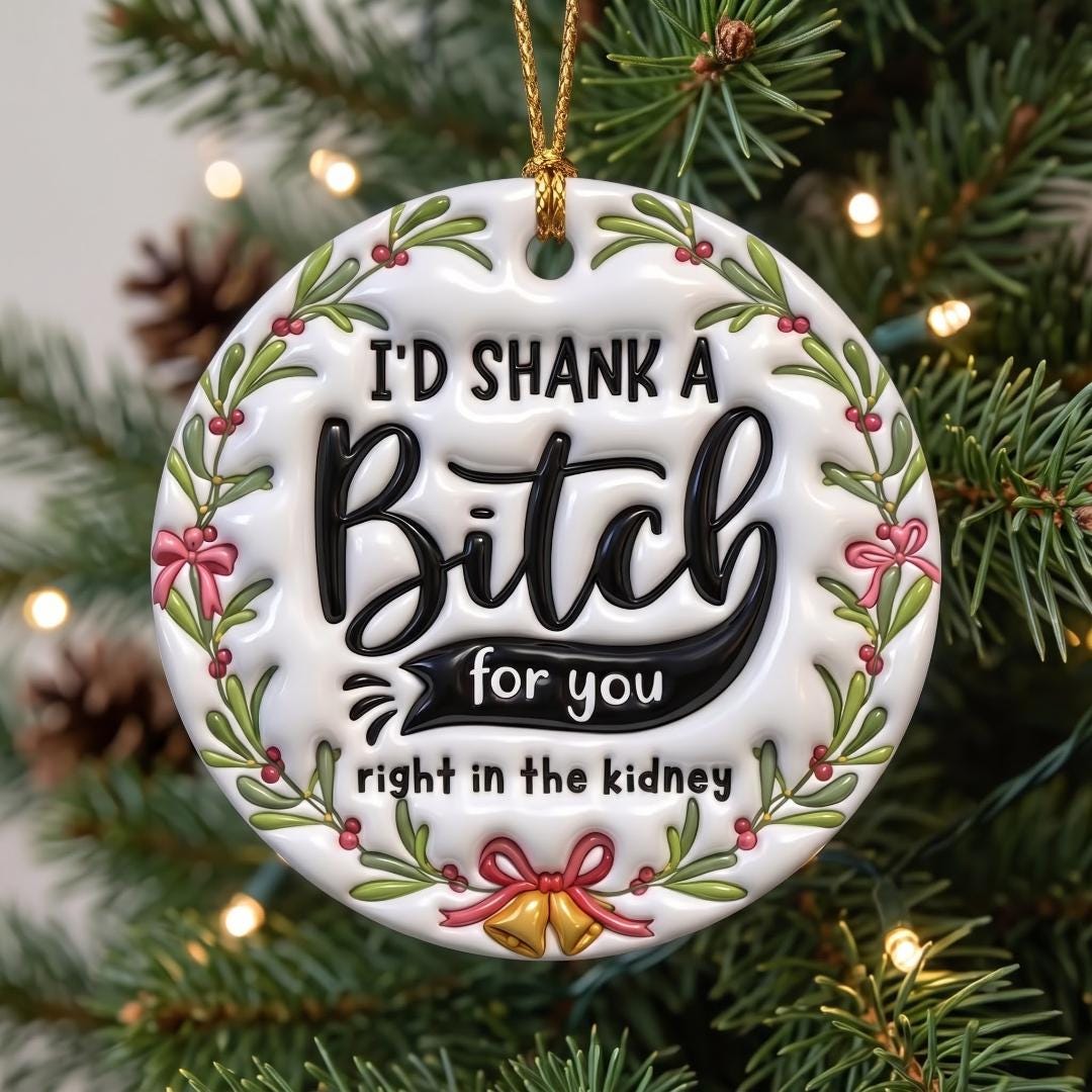 Best friend gag gift ornament near pinecones and lights