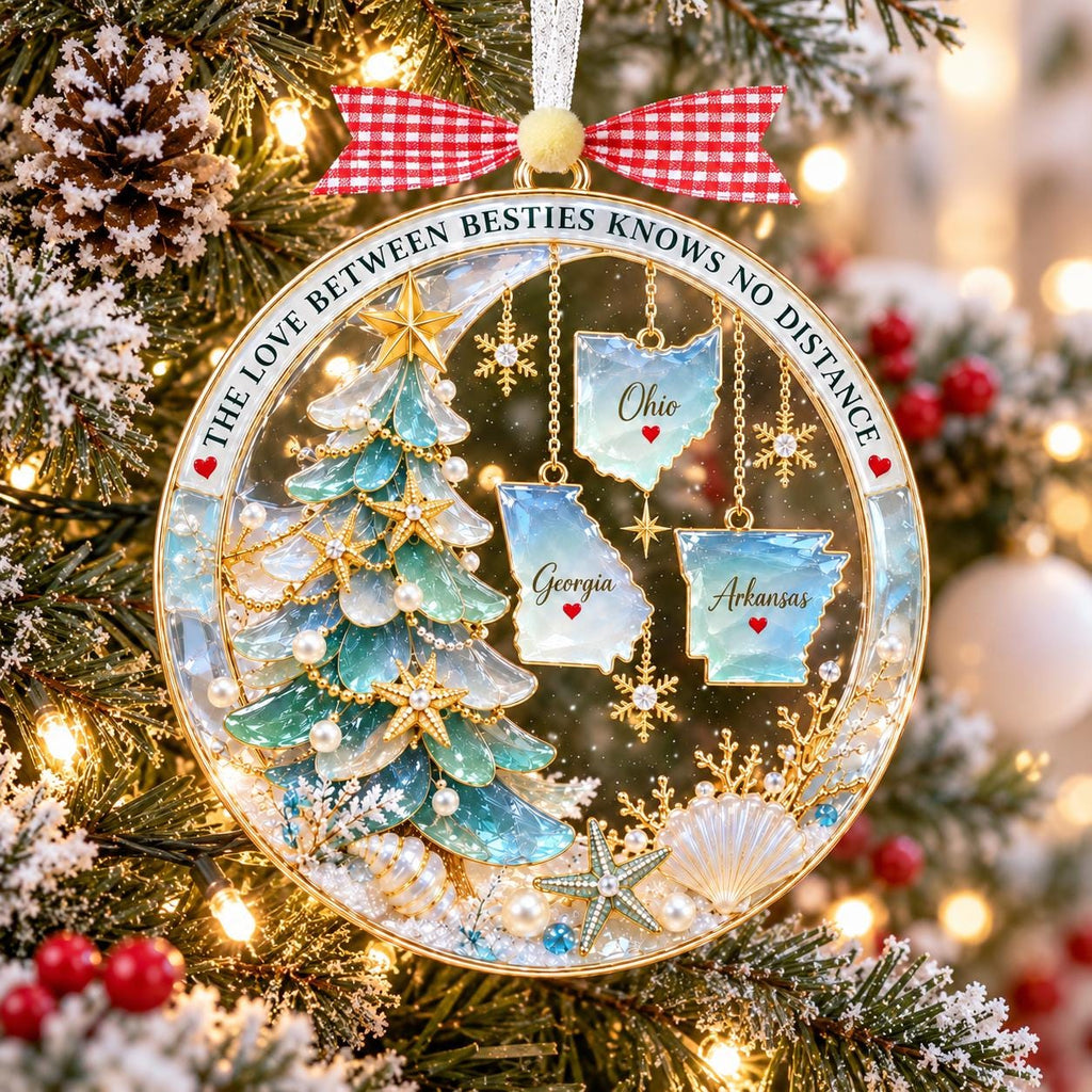 Frosty round state friendship ornament hanging by pine cones