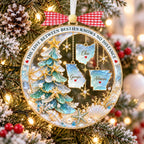 Frosty round state friendship ornament hanging by pine cones
