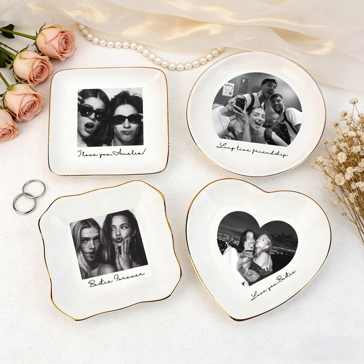 Set of four best friend photo trinket dishes in square, round, lace square and heart shapes