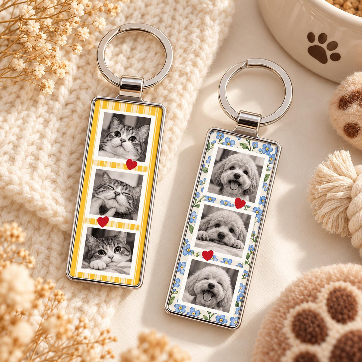 Black and white cat and dog photo keychains on yellow stripe and blue floral backgrounds