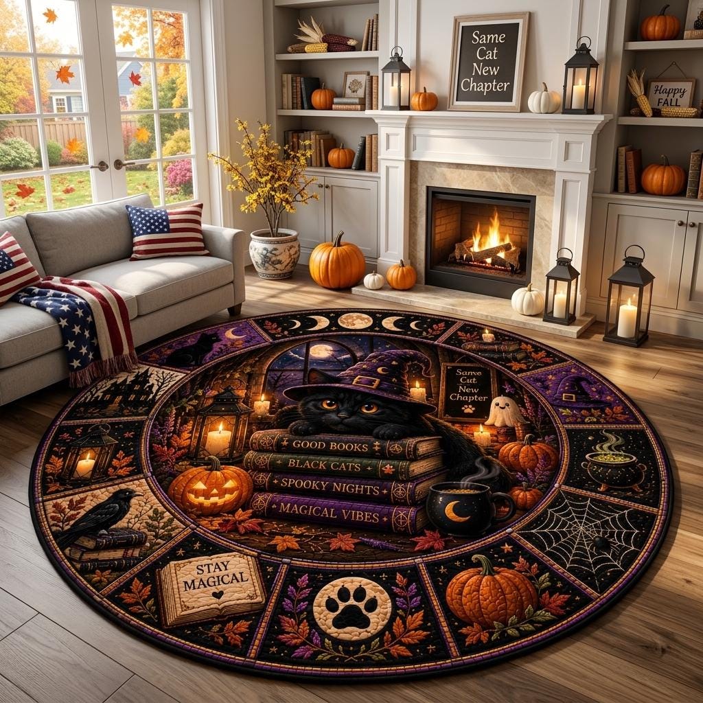 Black cat book lover Halloween rug in a bright living room with a white fireplace, built-in shelves and a sofa
