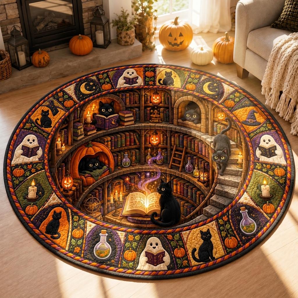 Round black cat Halloween library rug in warm sunlight on a wood floor near pumpkins and a cozy throw